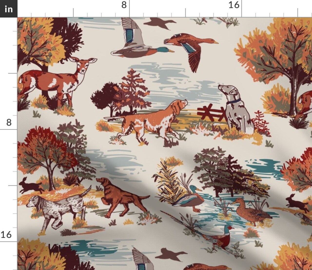 Cabincore Classic Autumn Wildlife Sporting Dogs Lodge Vintage Duck Hunt Toile Traditional Rustic Mallard Deer Autumn Fall Farmhouse Hunting Custom Printed Fabric by Spoonflower Various Fabrics by the Yard or Fat Quarter